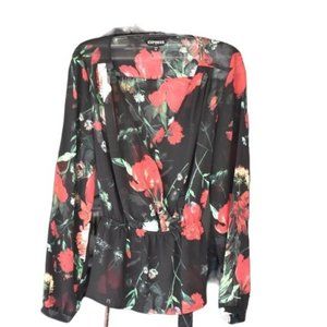 Women's Express Black Red Floral Belted Blouse Full Sleeves XS